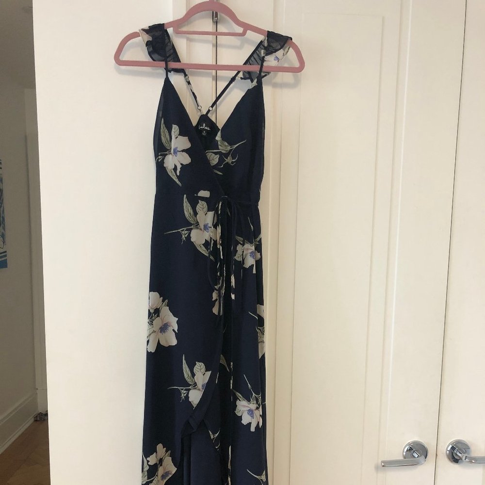 high low navy blue floral  wrap summer dress